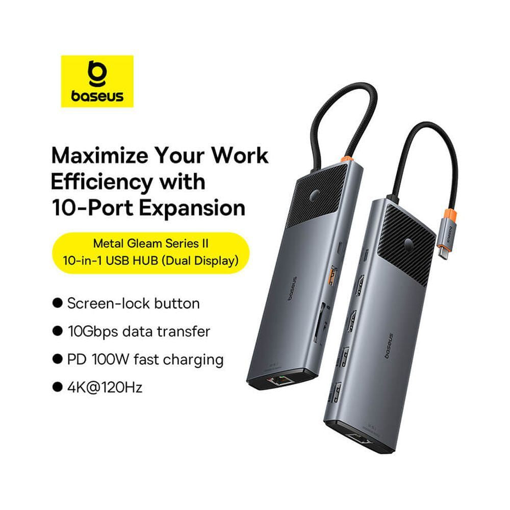 Baseus Metal Gleam Series II | 10-in-1 USB-C HUB Adapter | 100W PD Input | 4K HDMI + VGA | RJ45 Gigabit Ethernet | SD/TF Card Readers | USB-C Data + 3 × USB-A | 3.5mm Audio Jack | Aluminum Alloy | Space Gray