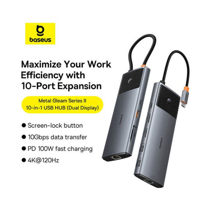 Baseus Metal Gleam Series II | 10-in-1 USB-C HUB Adapter | 100W PD Input | 4K HDMI + VGA | RJ45 Gigabit Ethernet | SD/TF Card Readers | USB-C Data + 3 × USB-A | 3.5mm Audio Jack | Aluminum Alloy | Space Gray