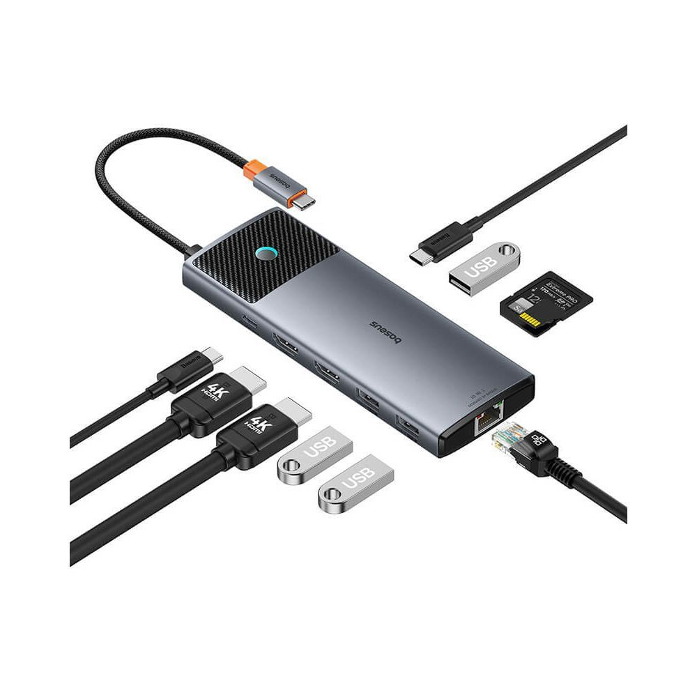 Baseus Metal Gleam Series II | 10-in-1 USB-C HUB Adapter | 100W PD Input | 4K HDMI + VGA | RJ45 Gigabit Ethernet | SD/TF Card Readers | USB-C Data + 3 × USB-A | 3.5mm Audio Jack | Aluminum Alloy | Space Gray