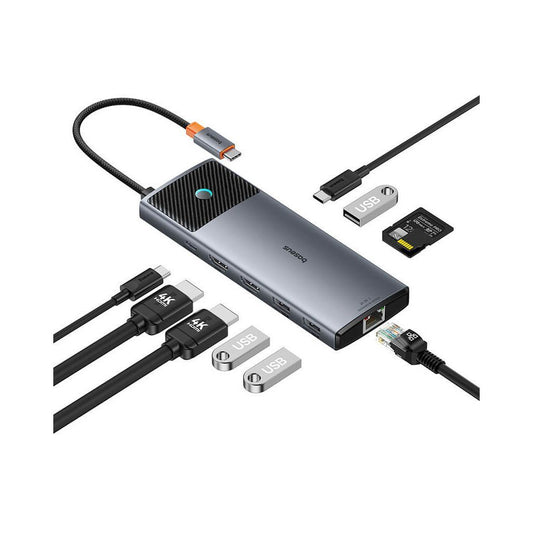 Baseus Metal Gleam Series II | 10-in-1 USB-C HUB Adapter | 100W PD Input | 4K HDMI + VGA | RJ45 Gigabit Ethernet | SD/TF Card Readers | USB-C Data + 3 × USB-A | 3.5mm Audio Jack | Aluminum Alloy | Space Gray