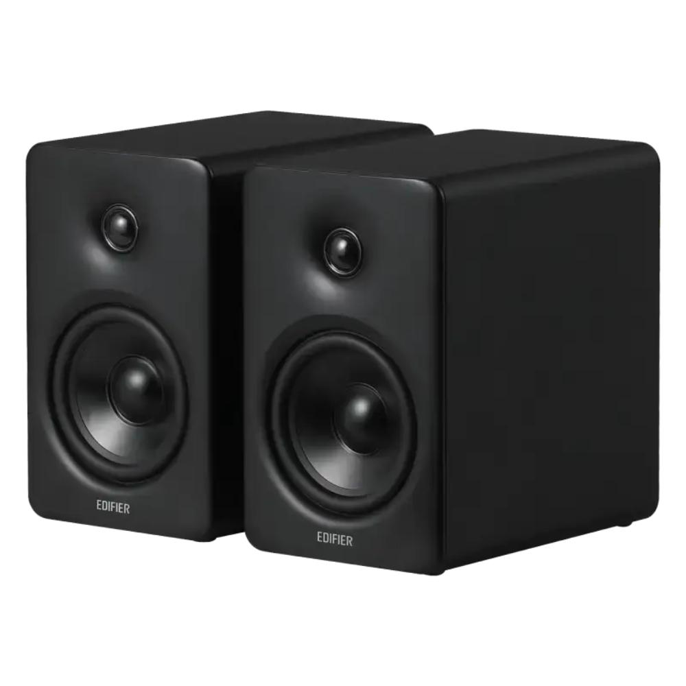 Pair of black Edifier speakers on a white background