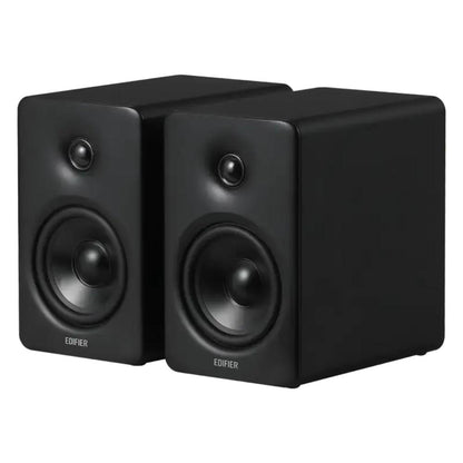 Pair of black Edifier speakers on a white background