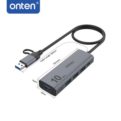 Onten UCA611 | 5-in-2 USB-C + USB-A Hub | 4 × USB 3.2 Gen 2 (10Gbps) | Dual Input | Plug & Play | For MacBook, Surface, Dell XPS, HP Spectre, PCs, Smart TVs
