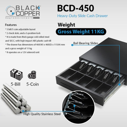 Black Copper BCD-450 | Digital Cash Drawer | 5-Bill 5-Coin | 2 Check Slots | 3-Position Lock | Heavy-Duty Metal | 12V Solenoid | POS Cash Drawer