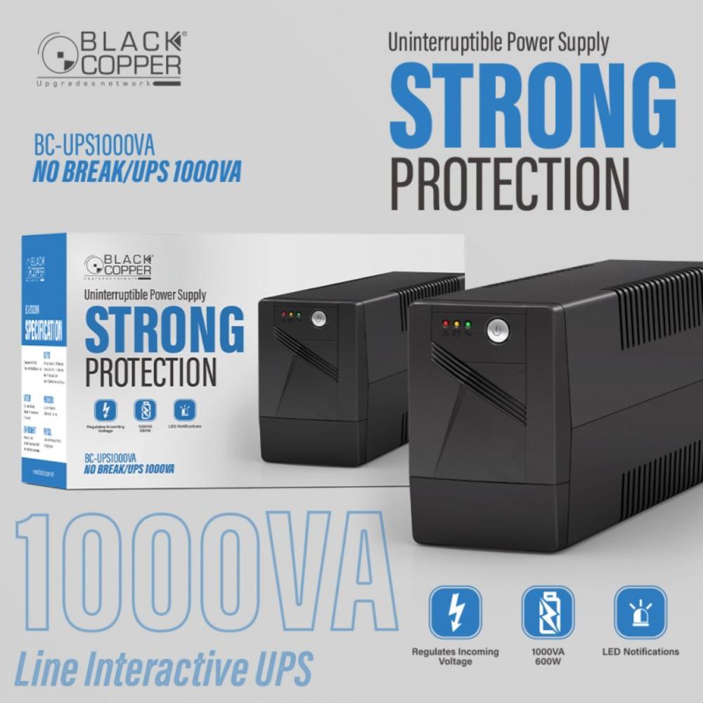 BlackCopper BC-UPS1000VA 1000VA/600W | Line Interactive UPS, AVR, Simulated Sine Wave, USB/RS232
