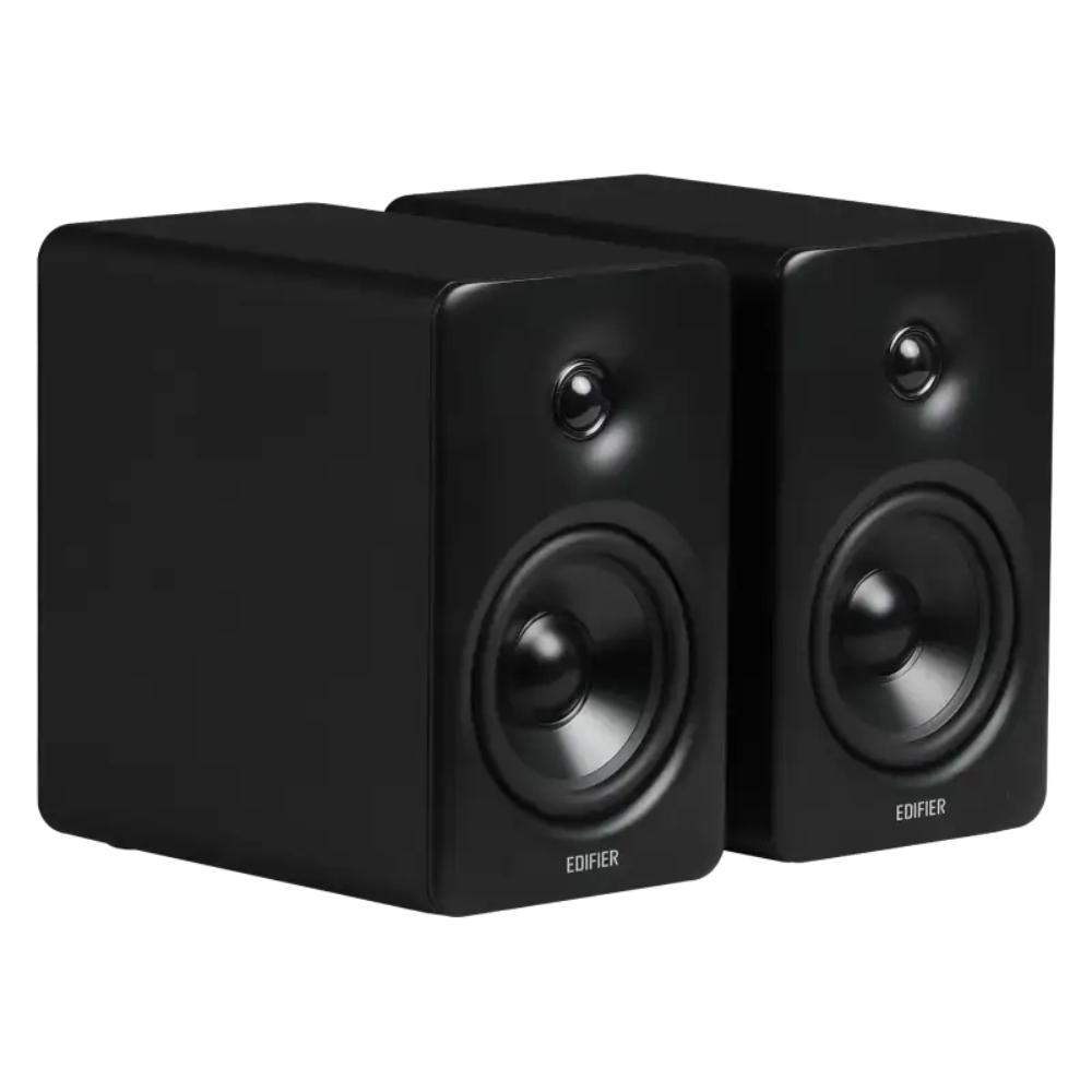 Pair of black Edifier speakers on a white background