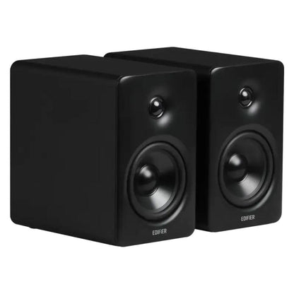 Pair of black Edifier speakers on a white background