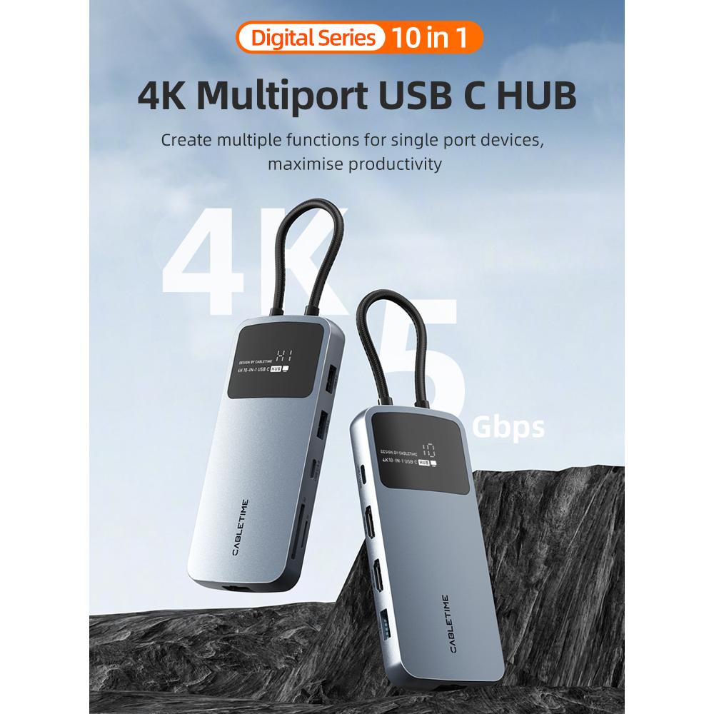 CABLETIME CB83G | 10-in-1 USB-C Dual HDMI Docking Station | 4K 30Hz HDMI, 1000Mbps LAN, 100W PD | MacBook, Dell, HP, Lenovo, Surface