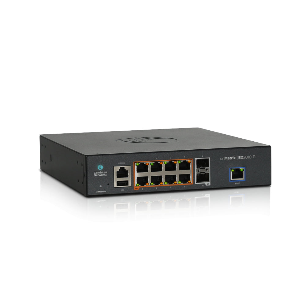 Cambium Networks cnMatrix EX2010-P | 8× Gigabit PoE+ Ports | 2× SFP Uplinks | Layer 2/3 Managed Switch | cnMaestro Integration | Enterprise-Grade Unified Wired/Wireless Network Core