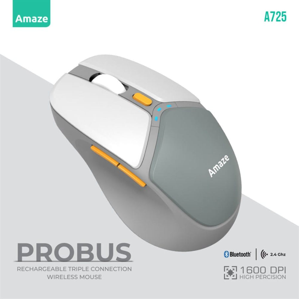 Amaze Probus A725 Wireless Mouse | Triple Connection: 2×Bluetooth + 2.4GHz | Adjustable DPI 800/1200/1600 | 6 Buttons | Silent Touch | Rechargeable Type-C | RGB Lighting | 82g