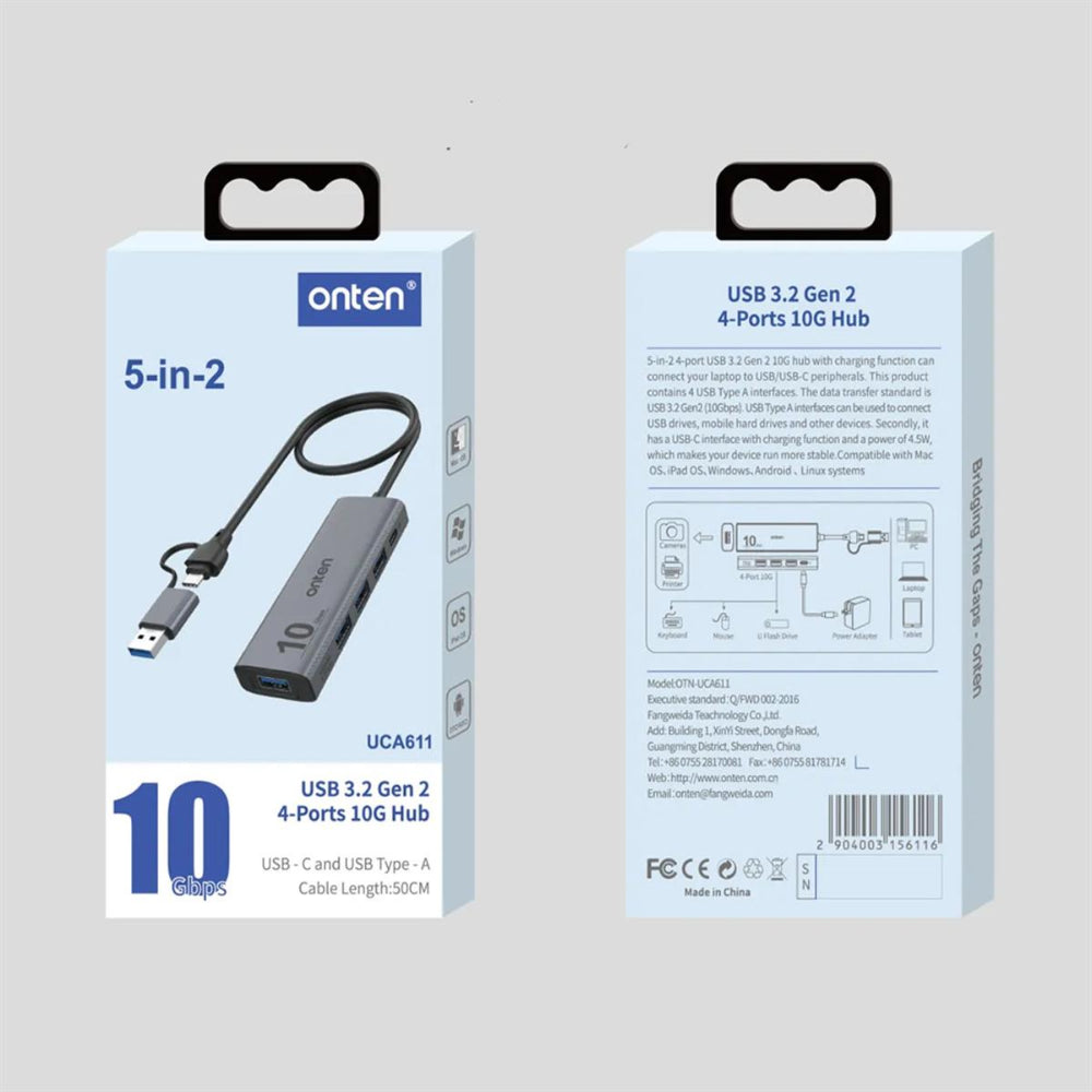 Onten UCA611 | 5-in-2 USB-C + USB-A Hub | 4 × USB 3.2 Gen 2 (10Gbps) | Dual Input | Plug & Play | For MacBook, Surface, Dell XPS, HP Spectre, PCs, Smart TVs