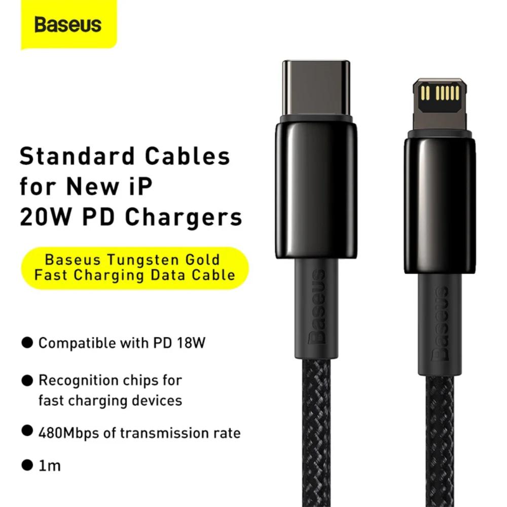 Baseus Tungsten Gold USB-C to Lightning Cable | PD 20W Fast Charging | Braided Nylon | 1m / 2m