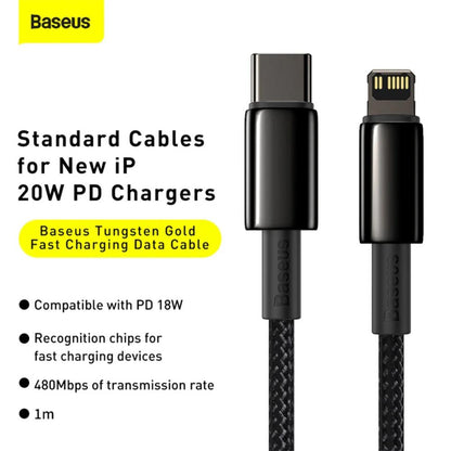 Baseus Tungsten Gold USB-C to Lightning Cable | PD 20W Fast Charging | Braided Nylon | 1m / 2m