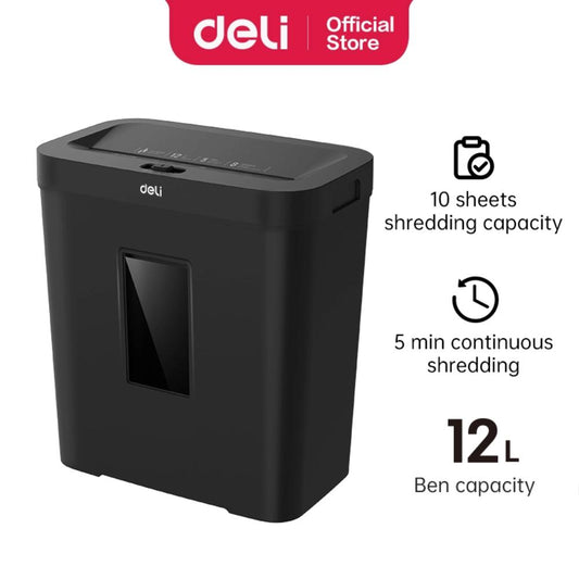 Deli ET022 Paper Shredder | 10 Sheets | Cross-Cut 4 × 40 mm | P-4 Security Level | 12L Bin | Auto Reverse | 160W