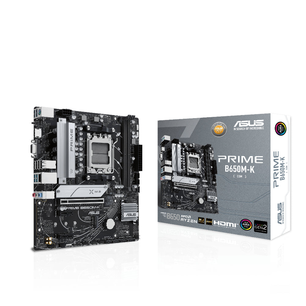 ASUS PRIME B650M-K | AMD B650 Micro-ATX Motherboard | AM5 Socket | DDR5 Support | PCIe 5.0 M.2 | Realtek 2.5Gb Ethernet | USB 3.2 Gen 2 | Aura Sync RGB