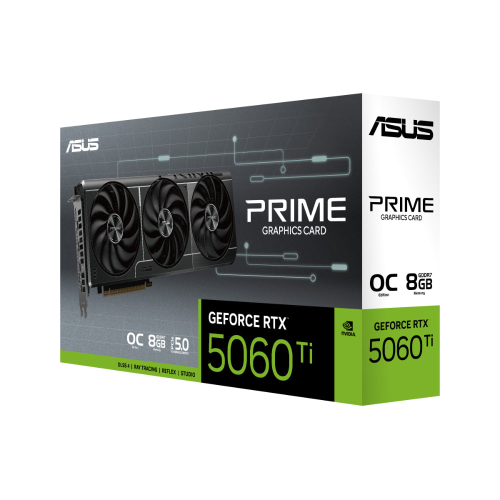 ASUS PRIME RTX 5060 Ti O8G Graphics Card | NVIDIA GeForce RTX 5060 Ti, 8GB GDDR7, PCIe® 5.0, HDMI 2.1b, DisplayPort 2.1b, and AI Performance up to 759 TOPs