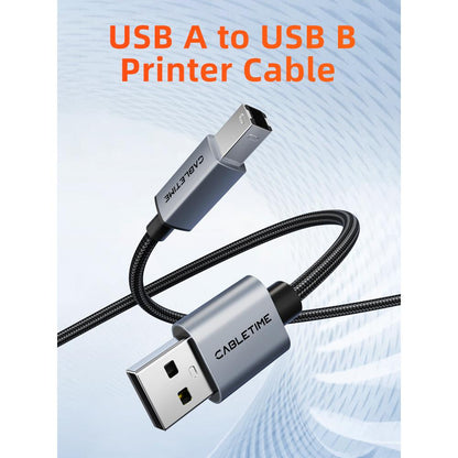 CABLETIME CA15L | USB 2.0 A to B Printer Cable | 480Mbps High-Speed Data Transfer | Aluminum Shell + Braided Jacket (2M)