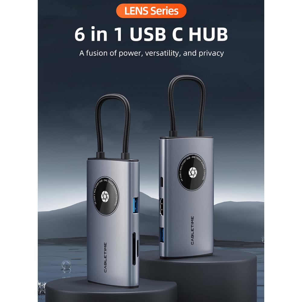 CABLETIME CB93G | 6-in-1 USB-C Multiport Travel Hub | 4K HDMI | 2× USB-A 3.0 5Gbps | SD/TF Reader 104Mbps | USB-C PD 100W | Aluminum + Braided Cable