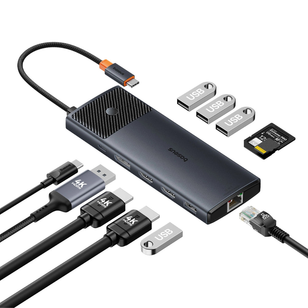 Baseus Metal Gleam Series II | 11-in-1 Multifunction Hub | USB-C + USB-A Interface | 100W PD Input | 4K HDMI + DisplayPort | RJ45 Gigabit Ethernet | SD/TF Card Readers | 3 × USB 3.0 + 2 × USB 2.0 | Aluminum Alloy | Black