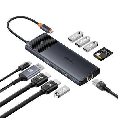 Baseus Metal Gleam Series II | 11-in-1 Multifunction Hub | USB-C + USB-A Interface | 100W PD Input | 4K HDMI + DisplayPort | RJ45 Gigabit Ethernet | SD/TF Card Readers | 3 × USB 3.0 + 2 × USB 2.0 | Aluminum Alloy | Black