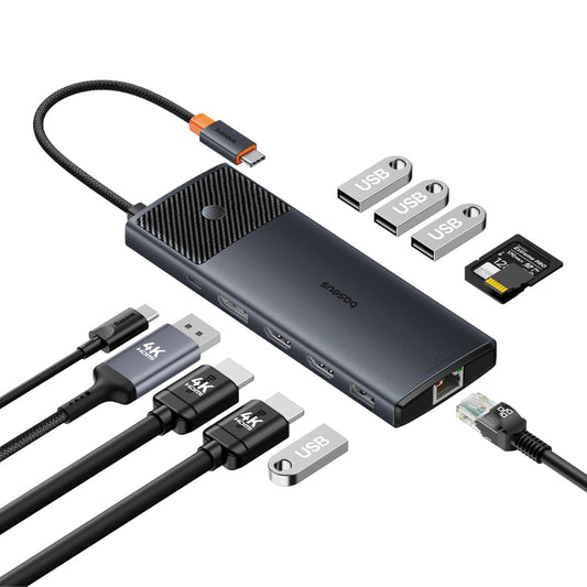 Baseus Metal Gleam Series II | 11-in-1 Multifunction Hub | USB-C + USB-A Interface | 100W PD Input | 4K HDMI + DisplayPort | RJ45 Gigabit Ethernet | SD/TF Card Readers | 3 × USB 3.0 + 2 × USB 2.0 | Aluminum Alloy | Black