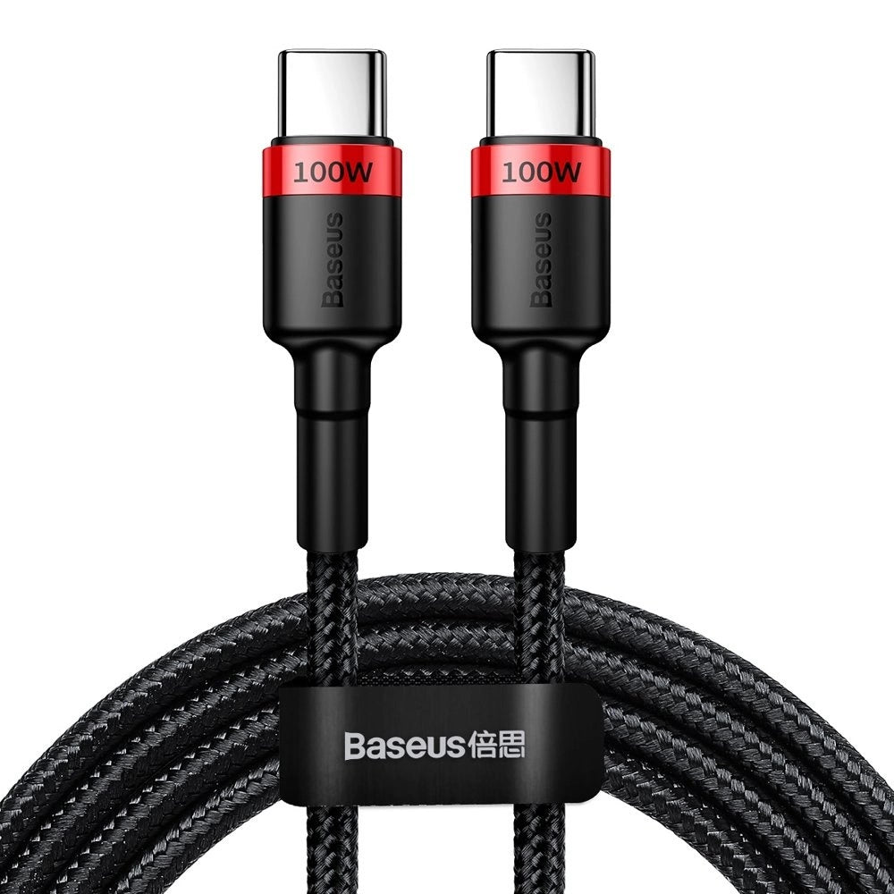 Baseus CATKLF-AL91 | USB-C to USB-C Cable | 100W PD + QC Fast Charging | 5A Current | 480Mbps Data | Braided | E-Marker Chip | 2 Meter | Black + Red | For Laptops, Tablets, USB-C Phones, Power Banks