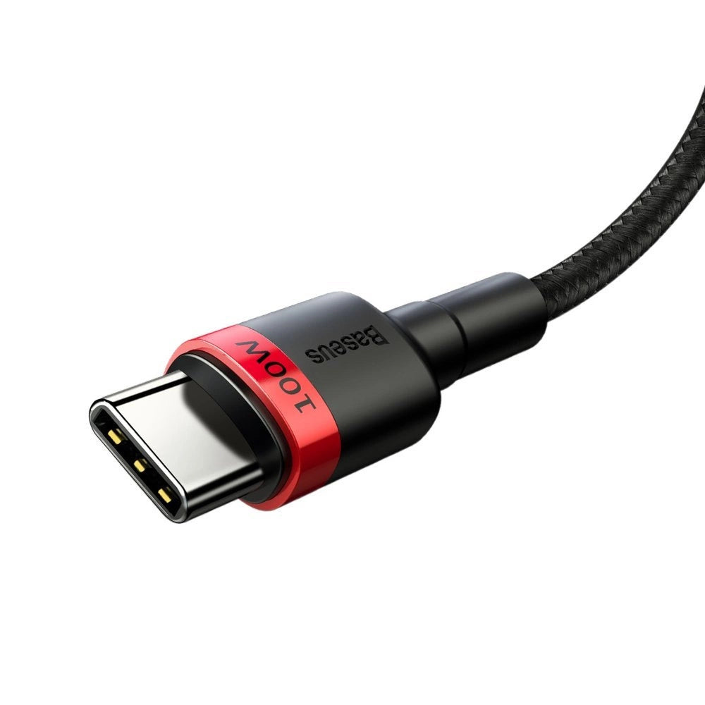 Baseus CATKLF-AL91 | USB-C to USB-C Cable | 100W PD + QC Fast Charging | 5A Current | 480Mbps Data | Braided | E-Marker Chip | 2 Meter | Black + Red | For Laptops, Tablets, USB-C Phones, Power Banks