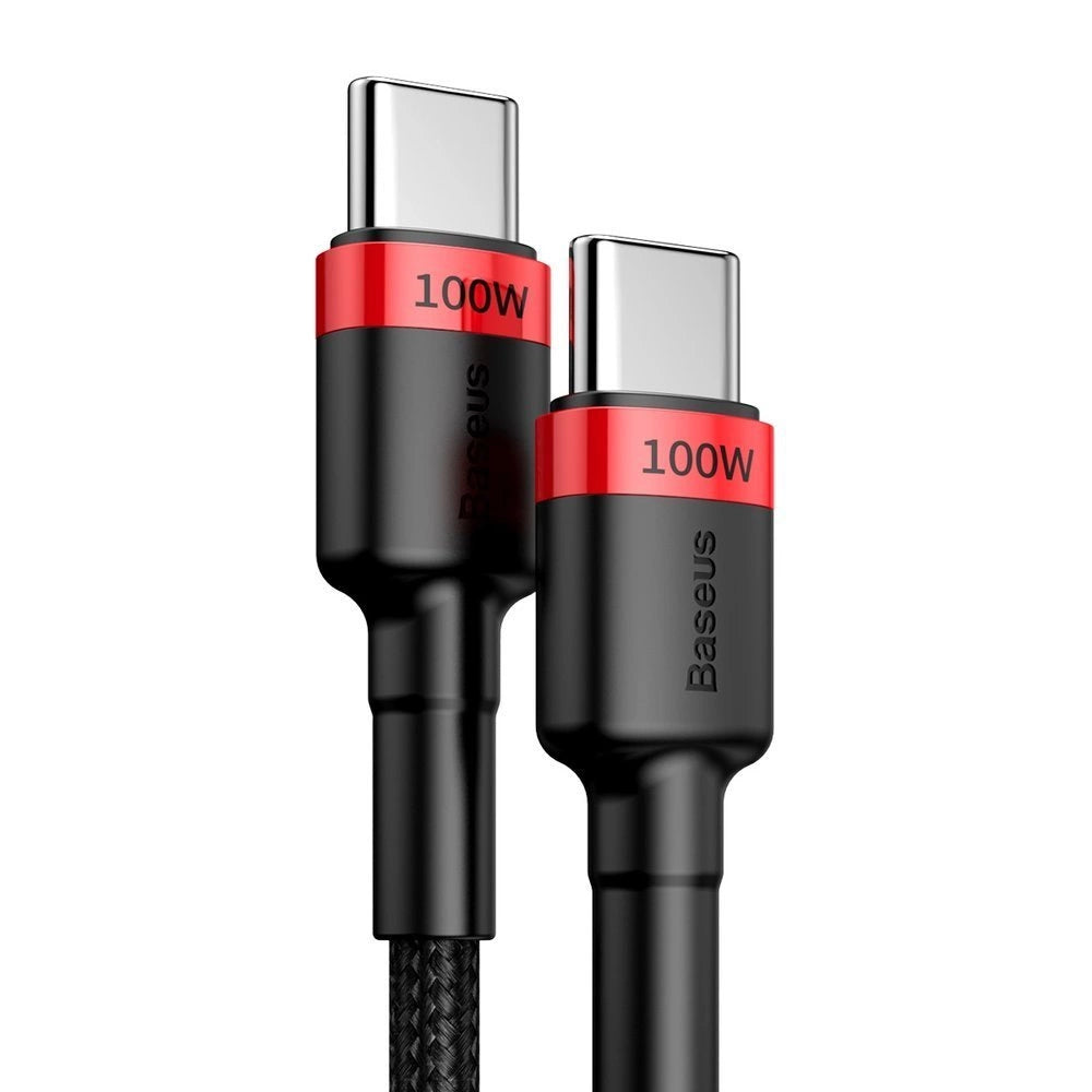 Baseus CATKLF-AL91 | USB-C to USB-C Cable | 100W PD + QC Fast Charging | 5A Current | 480Mbps Data | Braided | E-Marker Chip | 2 Meter | Black + Red | For Laptops, Tablets, USB-C Phones, Power Banks