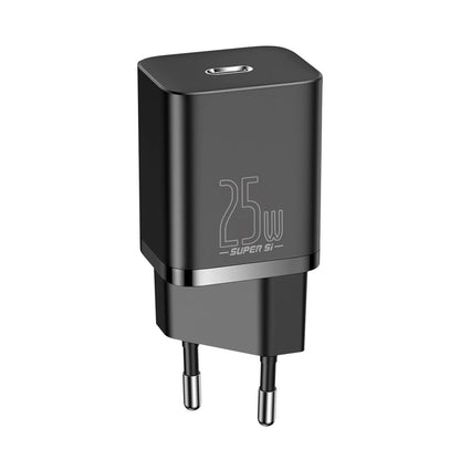Baseus Super Si Series | 1C Fast Charger | USB Type-C Output | 25W PD + QC | Super Si Technology | Compact Design | US Plug | Black | Model CCSP020101 | For Phones, Tablets, USB-C Accessories