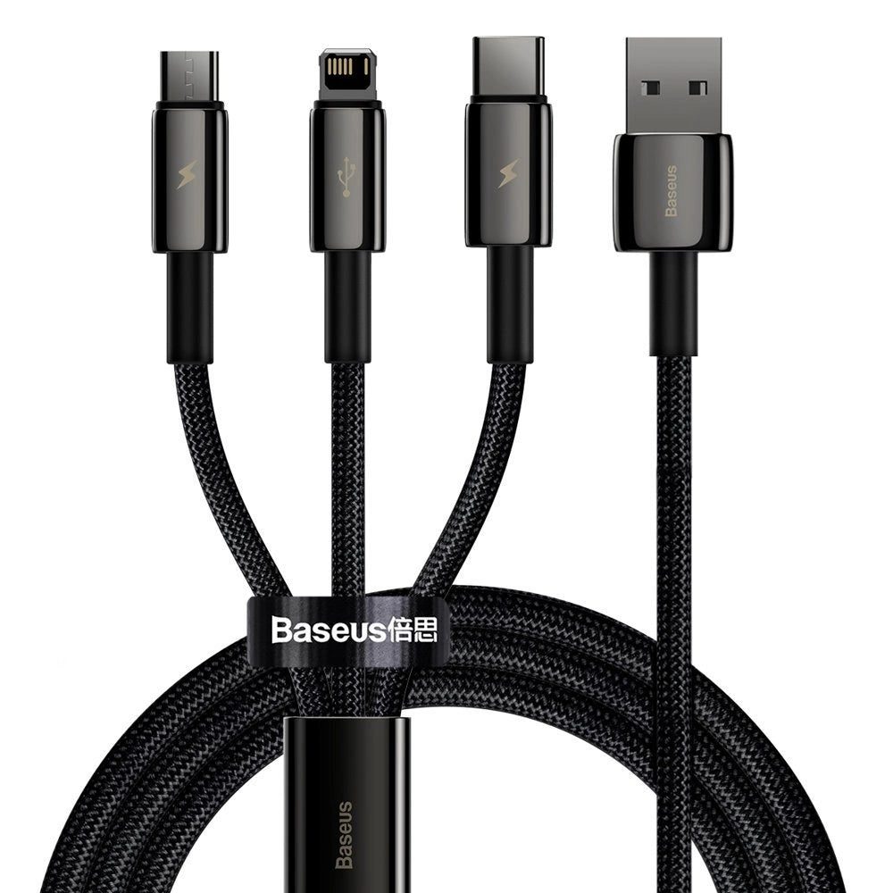 Baseus Tungsten Gold | 3-in-1 Fast Charging Cable | USB-A to Micro USB + Lightning + USB-C | 3.5A | 1.5 Meter | Data + Charging | Black