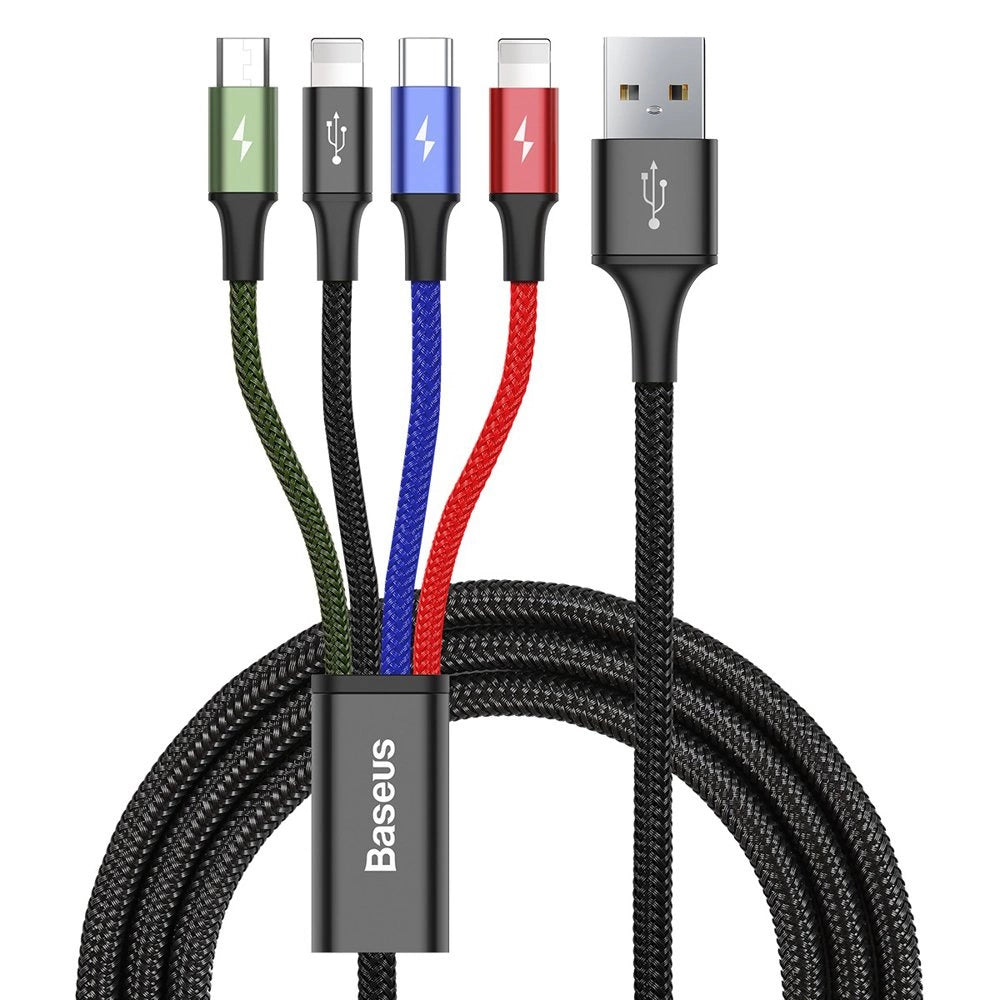 Baseus Fast Series | 4-in-1 Charging Cable | USB-A to Dual Lightning + Type-C + MicroUSB | 3.5A Max Output | Braided Nylon | Smart Current Distribution | 1.2 Meter | Black | Model CA1T4-A01 | For iPhone, Android, Power Banks, Accessories
