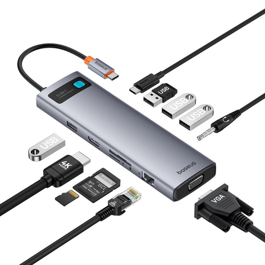 Baseus Metal Gleam Series | 11-Port USB-C HUB | Model B00030709811-00 | 100W PD Input | 4K HDMI + VGA | RJ45 Gigabit Ethernet | SD/TF Card Readers | 3 × USB 3.0 + 2 × USB 2.0 | USB-C Data | Audio Jack | Aluminum Alloy | Space Gray