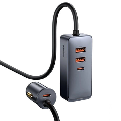 Baseus Share Together PPS Multi-Port Fast Charging Car Charger | 120W Total Output | 2 × USB-A + 2 × USB-C | 1.5m Extension Cord | Aluminum + PC Build | DC 12–24V Input | Gray