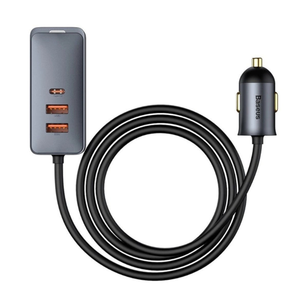 Baseus Share Together PPS Multi-Port Fast Charging Car Charger | 120W Total Output | 2 × USB-A + 2 × USB-C | 1.5m Extension Cord | Aluminum + PC Build | DC 12–24V Input | Gray