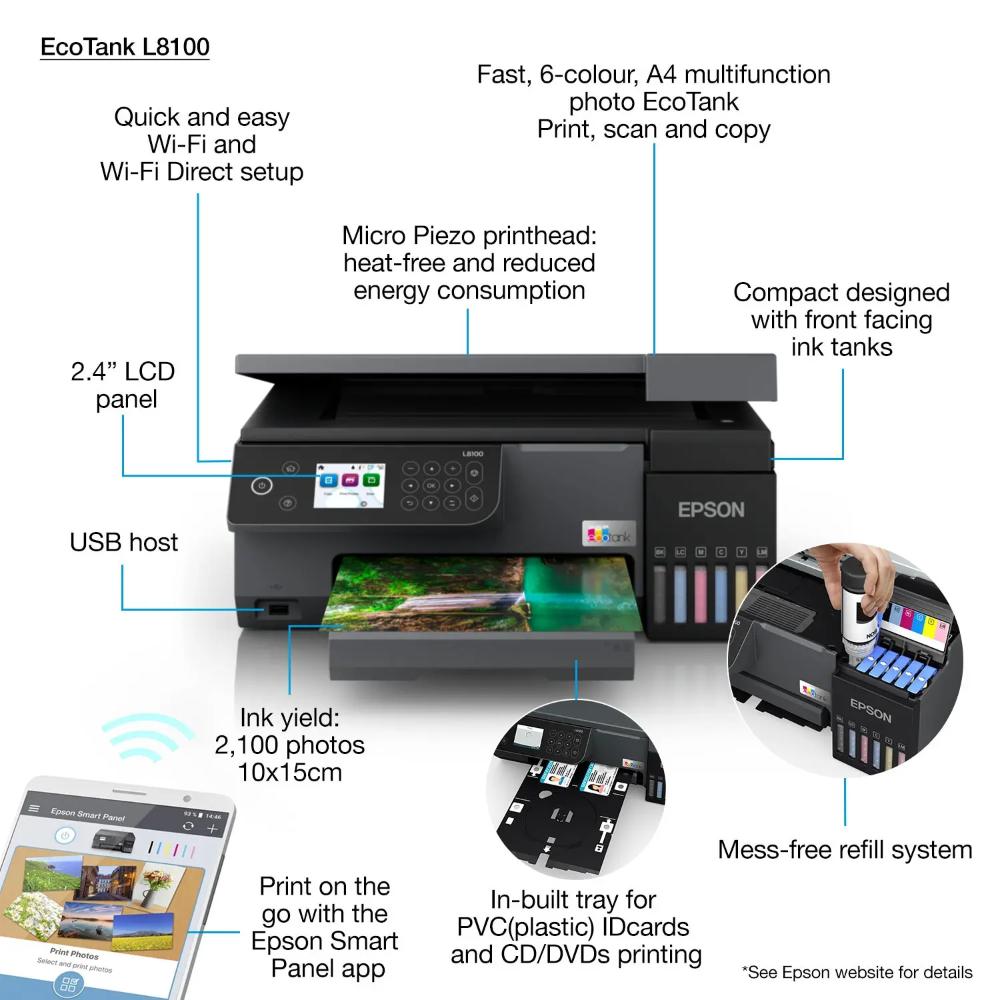 Epson EcoTank L8100 | 6-Colour High-Volume Photo Printer with ID Card & CD/DVD Printing
