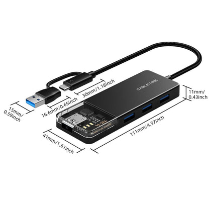 CABLETIME CB03B | USB-C & USB-A to 4-Port USB 3.0 Hub (5Gbps, 5V Power, Transparent Design) | CT-HUBT3-PB