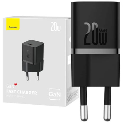 Baseus GaN5 Series | Mini Fast Charger | Single USB-C Port | 20W PD Output | GaN5 Technology | Compact Design | EU Plug | Black | For Phones, Tablets, USB-C Accessories