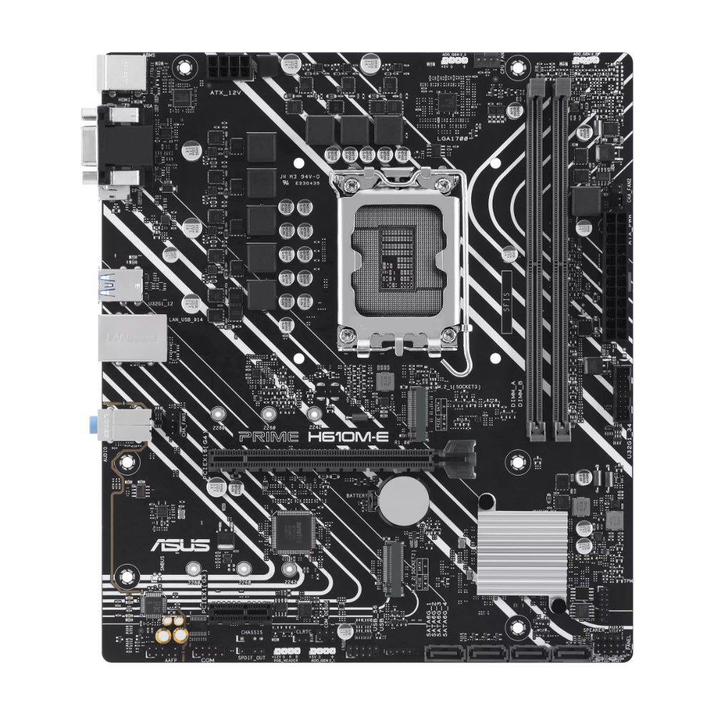 ASUS Prime H610M-E | Intel® H610 (LGA 1700) Micro-ATX Motherboard | DDR5 Support | PCIe 4.0 | Dual M.2 Slots | Realtek 1Gb Ethernet | DisplayPort | HDMI | VGA | USB 3.2 Gen 1 | SATA 6Gbps | COM Header | Aura Sync
