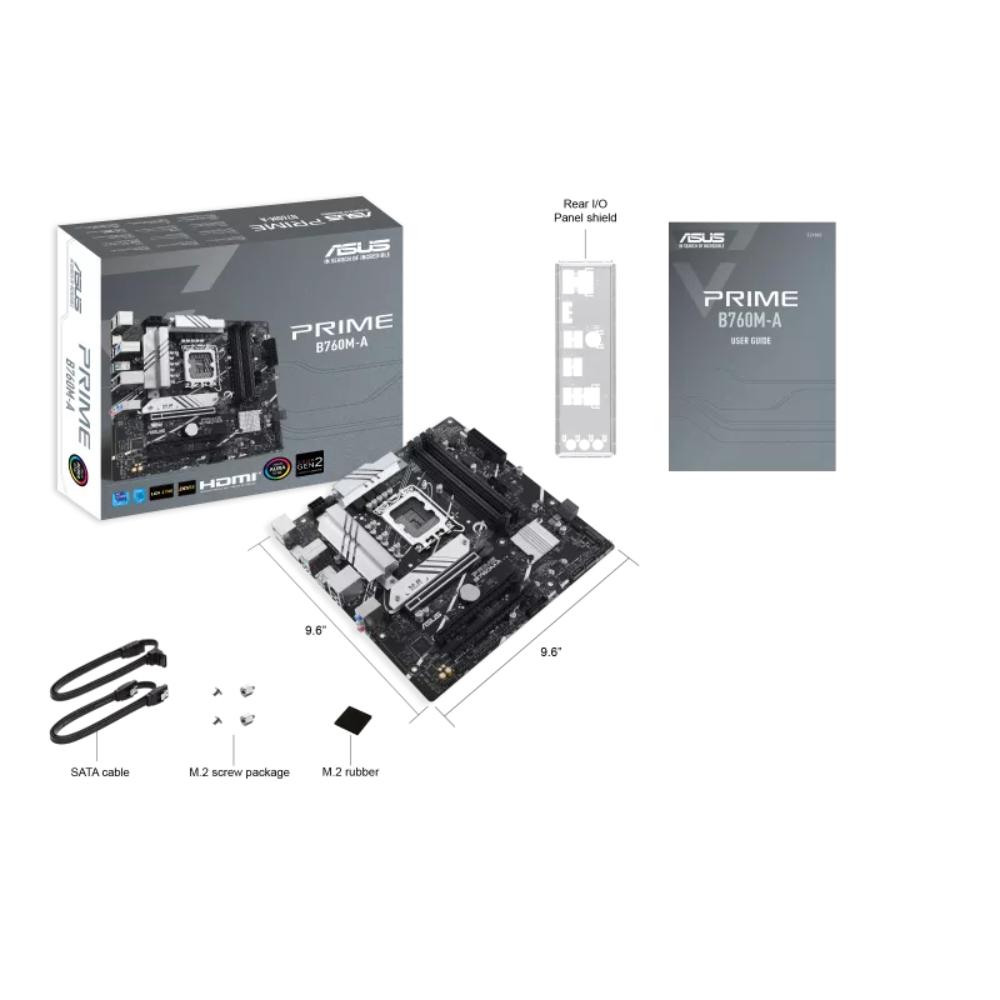 ASUS Prime B760M-A Motherboard | Intel B760 | LGA 1700 | mATX | DDR5 | PCIe 4.0 | 2× M.2 | 2.5Gb Ethernet | DisplayPort | 2× HDMI | USB 3.2 Gen 2 | USB Type-C | Aura Sync