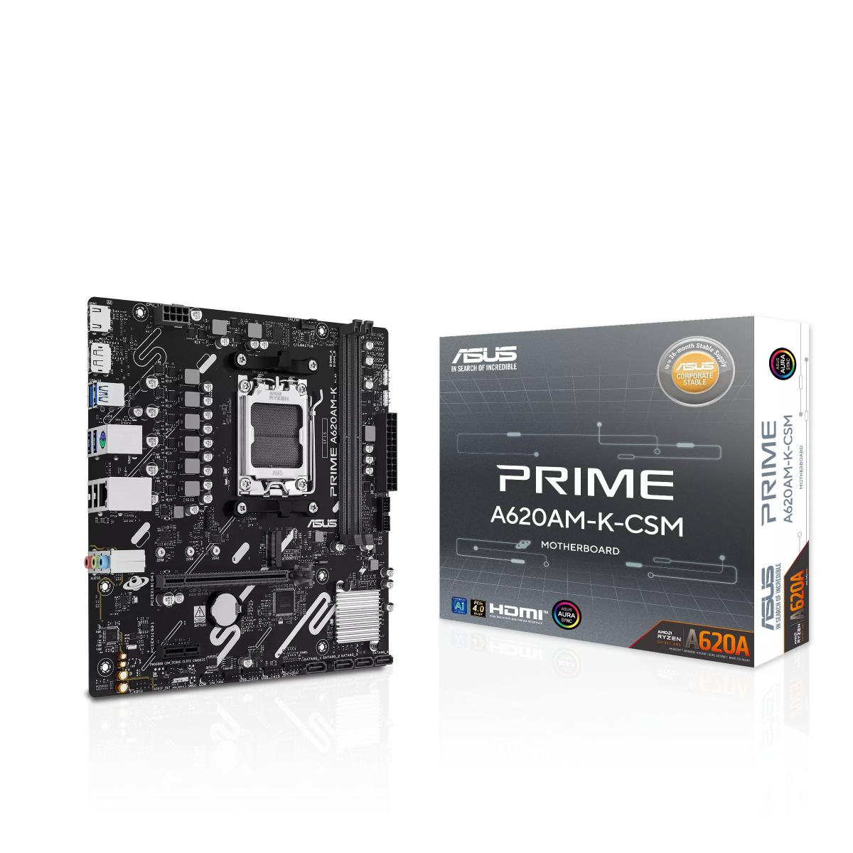 ASUS PRIME A620AM-K-CSM | AMD A620A | AM5 | DDR5 | Ryzen 9000/8000/7000 | PCIe 4.0 | M.2 | 1Gb LAN | micro-ATX