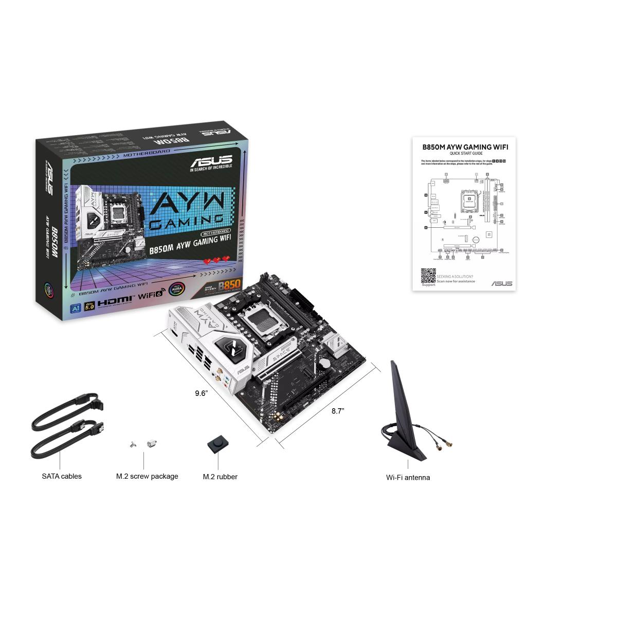 ASUS B850M AYW GAMING WIFI | AMD B850 | AM5 | DDR5 | Ryzen 9000/8000/7000 | PCIe 5.0 | Wi-Fi 6 | 2.5Gb LAN | Dual M.2 | micro-ATX