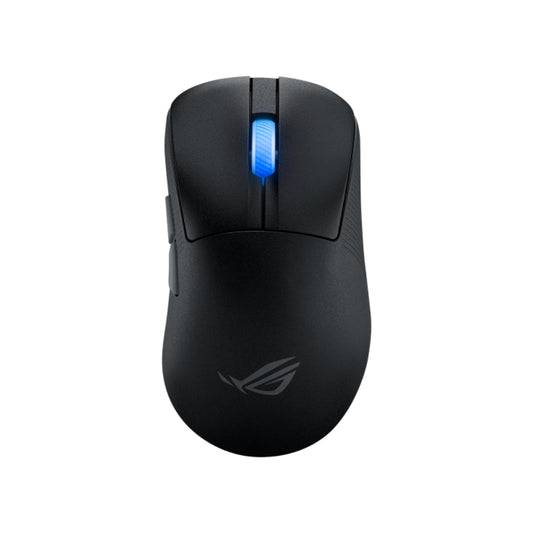 Black gaming mouse with blue light on a white background
