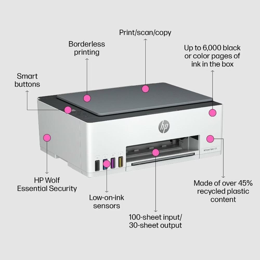 HP Smart Tank 520 All-in-One Printer | Print, Scan, Copy | High-Volume Ink Tank | USB Connectivity