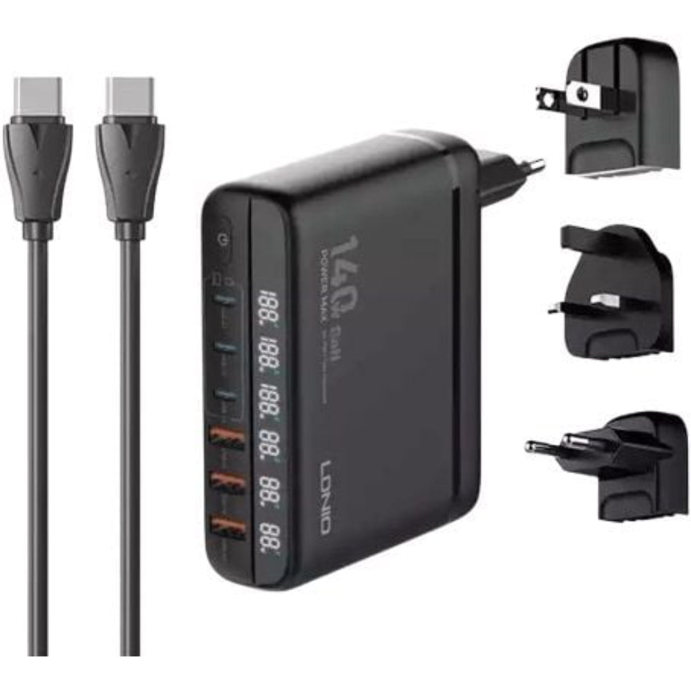 LDNIO A6140C | 140W GaN Super Fast Desktop Charger, 6 Ports, LED Display, PD & QC, Universal Plug