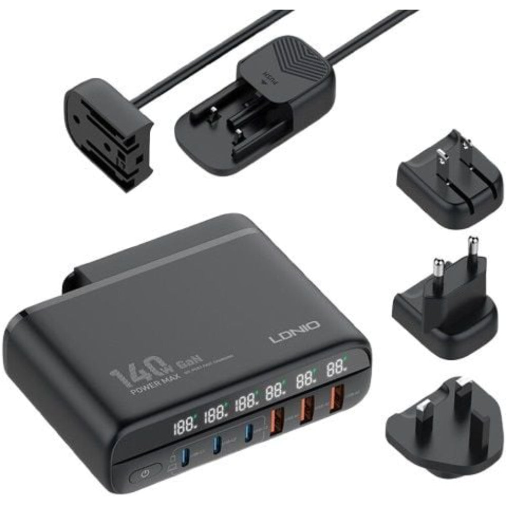 LDNIO A6140C | 140W GaN Super Fast Desktop Charger, 6 Ports, LED Display, PD & QC, Universal Plug