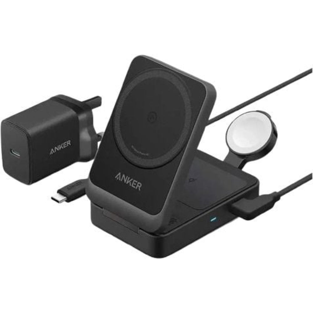 Anker B2557 | MagGo Foldable 3-in-1 Wireless Charging Station | 15W MagSafe-Compatible | Apple Watch Charger | Qi Pad for AirPods | Foldable Travel Design | USB-C Input | For iPhone, Apple Watch, AirPods