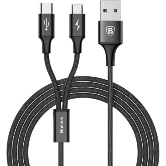 Baseus Rapid Series | 2-in-1 USB-A to Lightning + Micro USB Cable | 2A Charging | 480Mbps Data | Braided | Reinforced Connectors | 1 Meter / 1.5 Meter / 2 Meter | Black / Red / Blue | For iPhone, Android, Bluetooth Accessories, Power Banks
