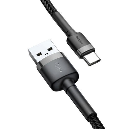 Baseus Cafule Series | USB-A to USB-C Cable | 2A Charging | 480Mbps Data | Braided | Reinforced Connectors | 2 Meter | Gray + Black | For Android Phones, Tablets, USB-C Accessories