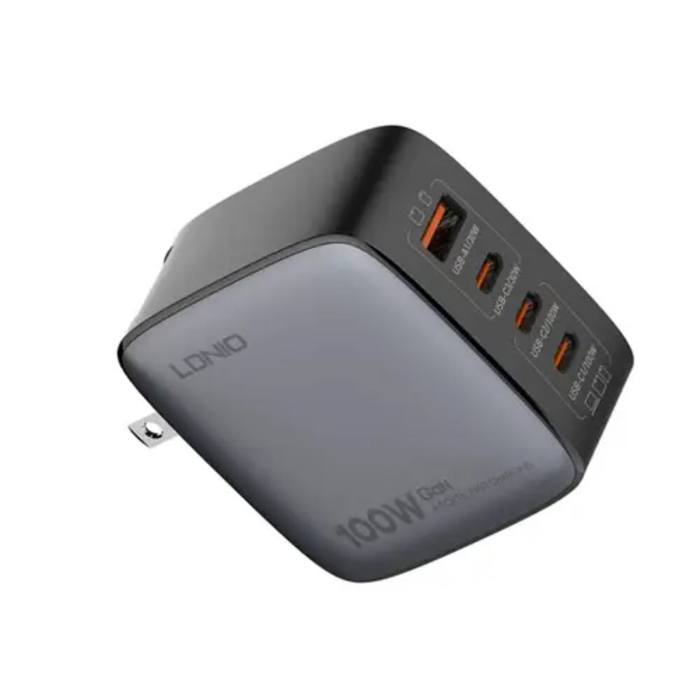 LDNIO Q408 | 100W GaN Super Fast Charger, 3×USB-C + 1×USB-A, PD & QC, Foldable Plug, US/UK/EU Adapter