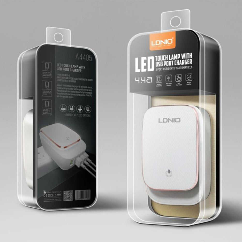 LDNIO A4405 | 4-Port USB Wall Charger with LED Touch Light, 4.4A Output, 22W, Travel-Friendly Design